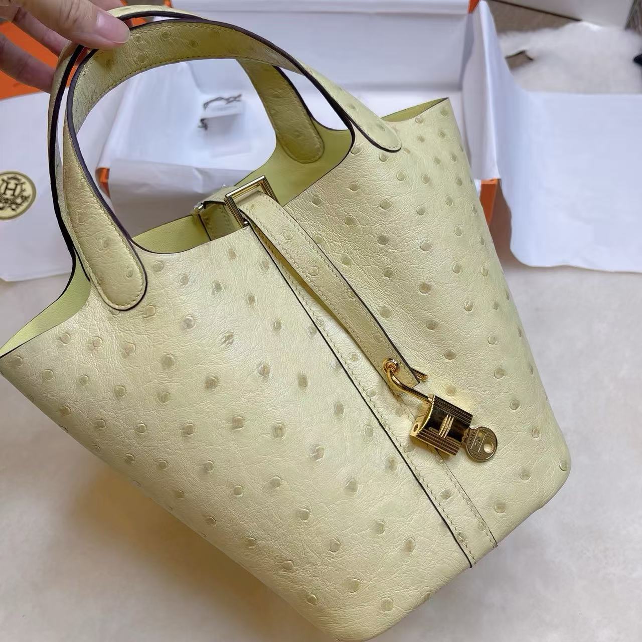 Hermès Picotin 18 ｜ 鴕鳥皮小雞黃｜金扣