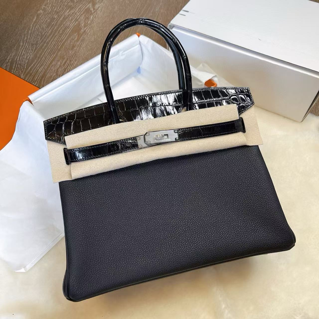 Hermès Birkin 25｜Togo皮拼亮面鱷魚皮Touch｜銀扣