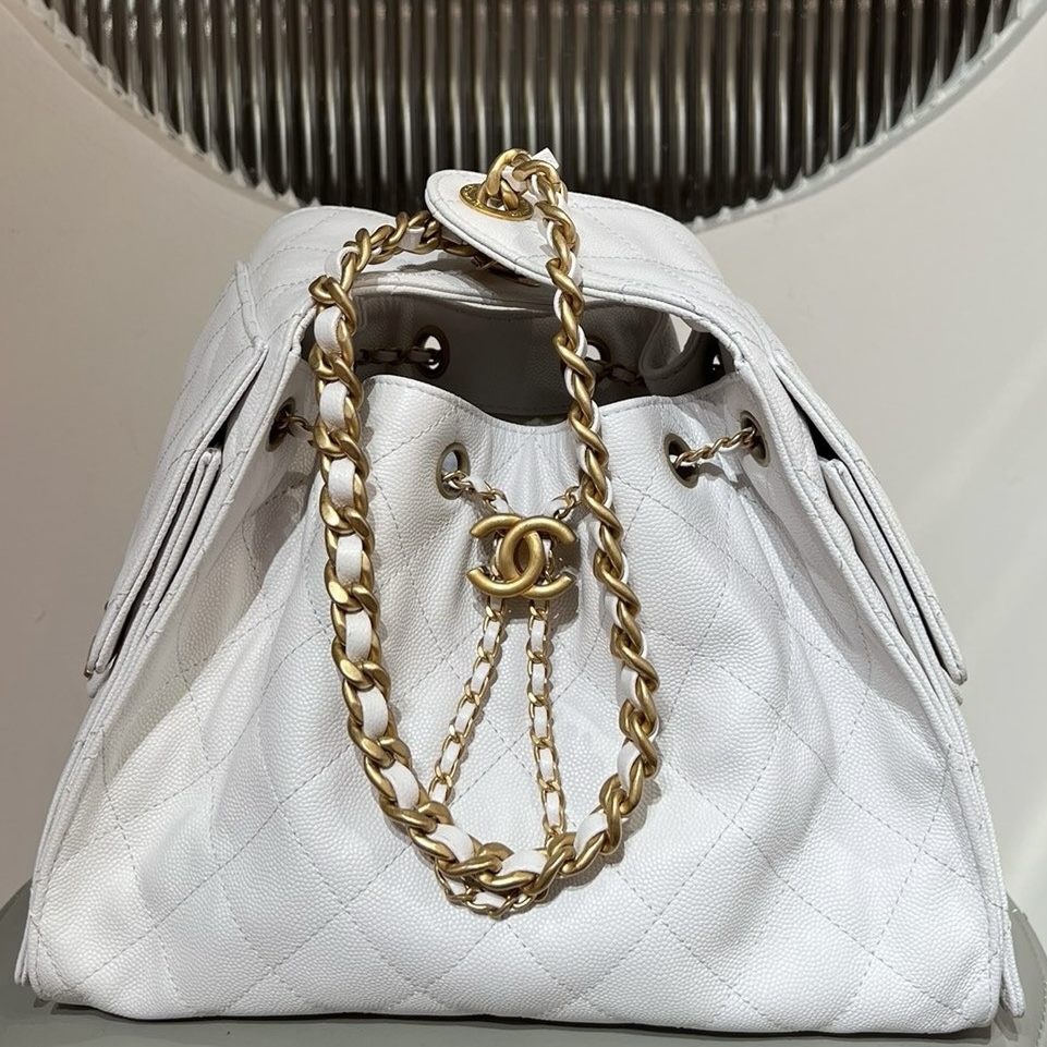 Chanel 25 Bag Small 白色魚子醬牛皮｜Caviar Leather 菱格紋鏈條肩背包